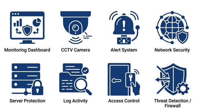 Icons representing various aspects of network security including monitoring, alert systems, and access control