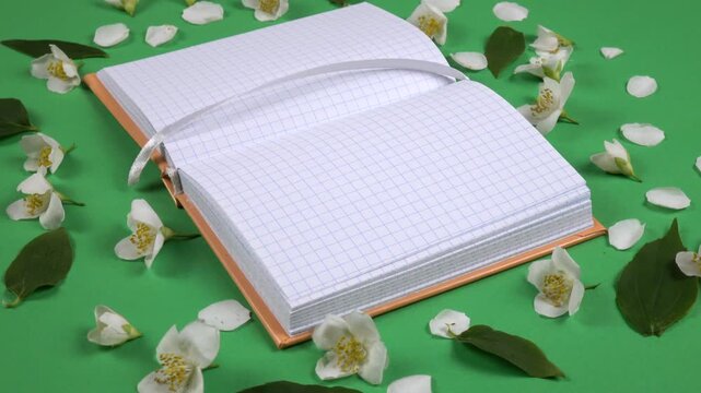 An open notepad with checkered sheets lies on a green background among white flowers, top view