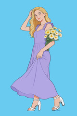Fototapeta premium Beautiful blonde woman holding daisy flowers in purple dress