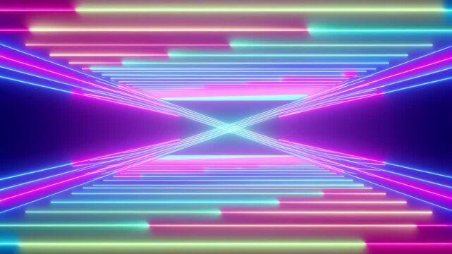 Neon Light Tunnel with Colorful Glowing Lines Forming a Seamless Sci-Fi Corridor for Futuristic Tech and Entertainment Backgrounds