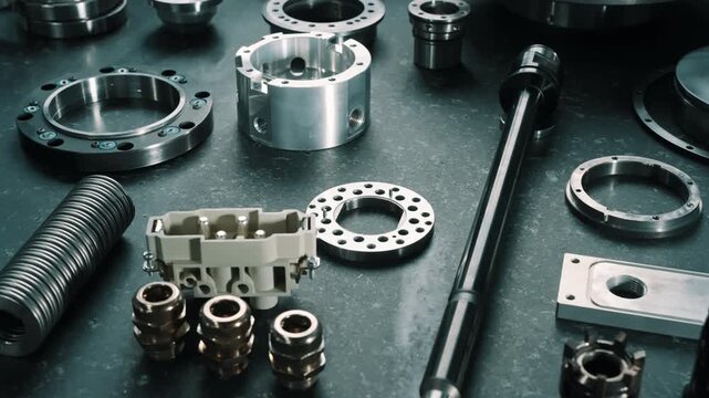 Assortment of precision machined metal components with flanges, bearings, shaft, bushings, couplings, collets, and fittings arranged on a dark workshop surface