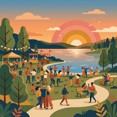Obraz premium A vibrant community gathering at a lakeside park during sunset, featuring people dancing, socializing, and enjoying food stalls in a scenic landscape.