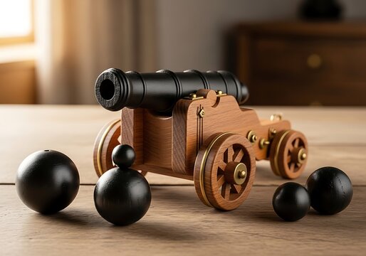 Old wooden toy cannon with black balls on a floor illustration