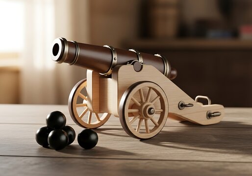 Vintage wooden toy cannon with black balls on a table illustration