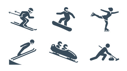 Various winter sports activities illustrated, featuring skiing, snowboarding, and ice skating © Pidi