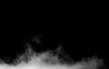 Fototapeta premium Dark fog and smoke overlay drifting across a black background, creating a soft atmospheric mist texture with moody contrast and cinematic copy space.
