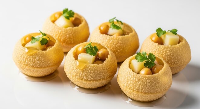 Traditional indian street food pani puri served on a white background