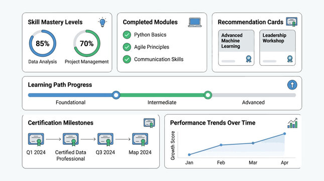 Skill Development Analytics Dashboard Vector with Learning Path Progress, Competency Levels, Certification Milestones and Performance Trends