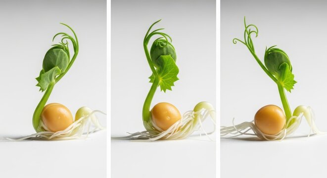 Three stages of a pea seed germination process isolated on white background