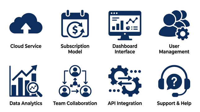 Icons representing various aspects of cloud services, including analytics and user management