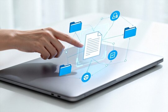 Hand interacting with digital icons on laptop