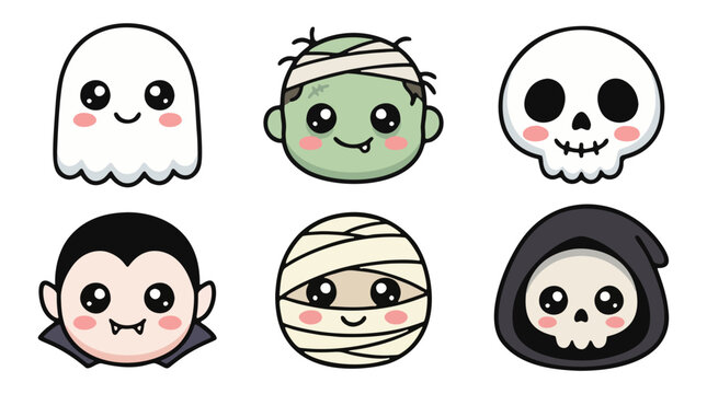 Cute kawaii Halloween monster and spooky faces icon set vector illustration