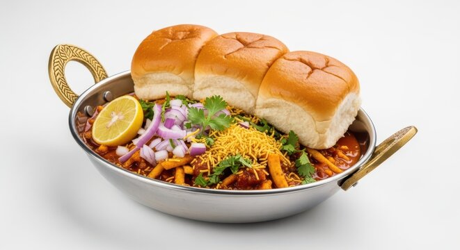 Traditional indian misal pav served in a metal bowl isolated on white background