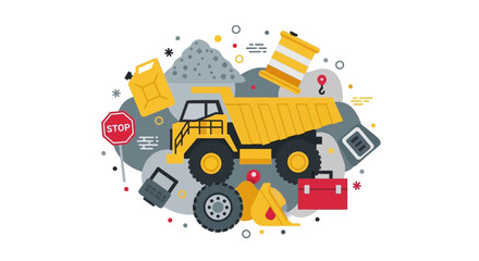 Naklejka premium Flat Vector Illustration of Heavy Construction Equipment, Mining Dump Truck, Industrial Tools, and Civil Engineering Icons on White Background