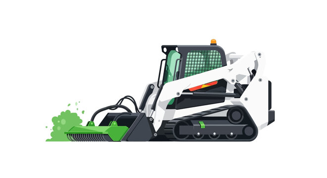 White Compact Track Loader with Mulcher Attachment Vector Illustration. Skid Steer Forestry Land Clearing Equipment Isolated on White.