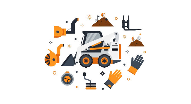 Skid Steer Loader Vector Illustration with Industrial Attachments and Construction Equipment Icons