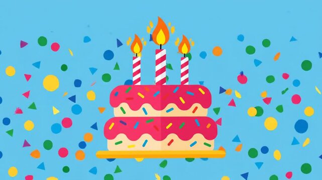 Two tier pink birthday cake with candles on blue background