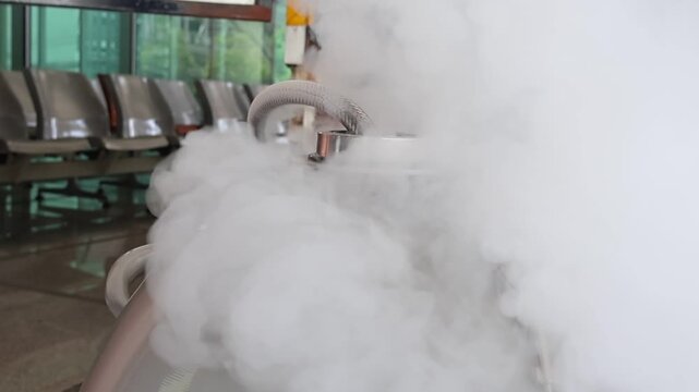 A close-up of an industrial nitrogen tank releasing thick vapor inside a waiting area with chairs.