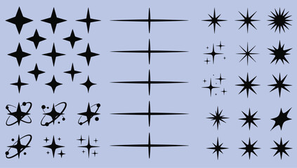Black starburst spark silhouettes and shiny sparkle shapes collection for celestial design elements magic twinkle set vector illustration © Abul