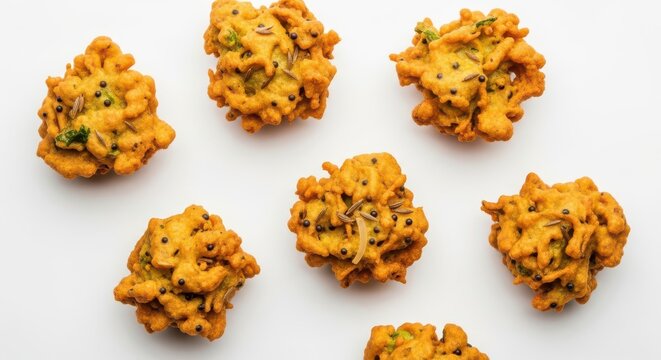 Crispy fried moong dal vada or pakora snacks, isolated on white background