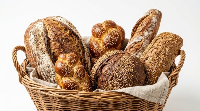 Assorted fresh artisan breads in a wicker basket isolated on white background