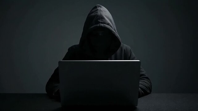 Hacker working on laptop computer in dark environment with motion blur effect captured in professional high quality video footage