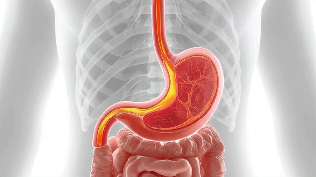 Stomach anatomy visualization showing human digestive system organs with medical motion graphics for educational healthcare and scientific research video footage