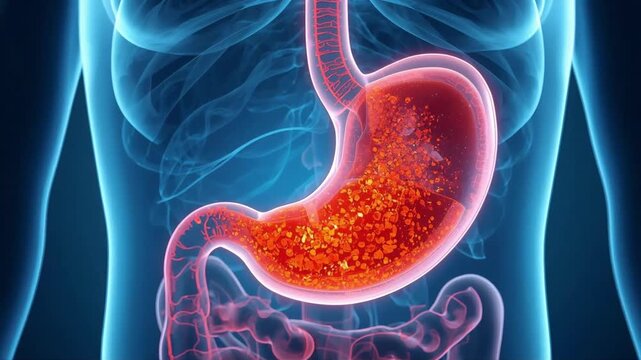 Stomach digestion process medical animation showing acid reflux inside human body anatomy for scientific educational pharmaceutical motion design video footage