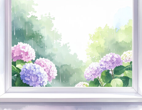 雨の日の窓辺と紫陽花　梅雨の季節を感じる水彩画風の背景素材　手描きタッチで描かれた花と緑と白い窓枠の風景　文字入れ用のコピースペースがあるバナーやWebサイト、SNS投稿や季節の挨拶状に使える清涼感のあるイラスト素材