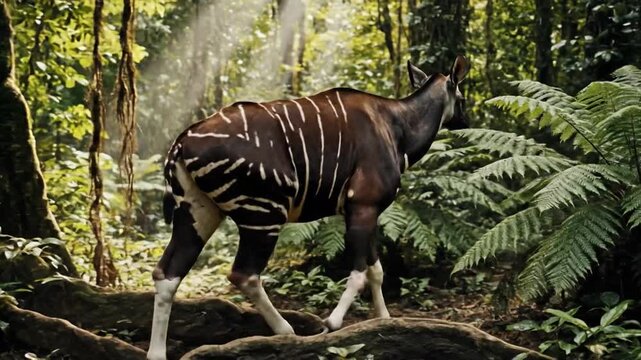 A solitary Okapi with distinctive stripes emerges from the dense jungle undergrowth amidst dappled sunlight.