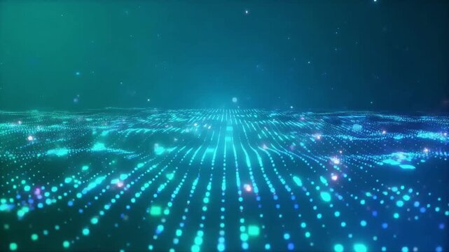 Digital data waves flowing through a glowing blue cyberspace grid background for high tech motion graphics and video projects