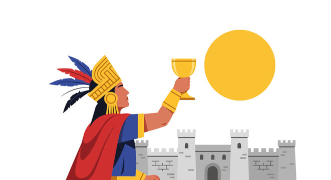 Ancient Inca Priest Holding Golden Chalice Towards the Sun.