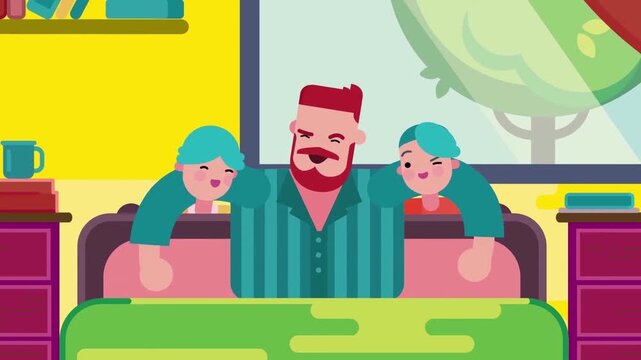 Happy Father Tucking His Children into Bed and Saying Goodnight Family Animation