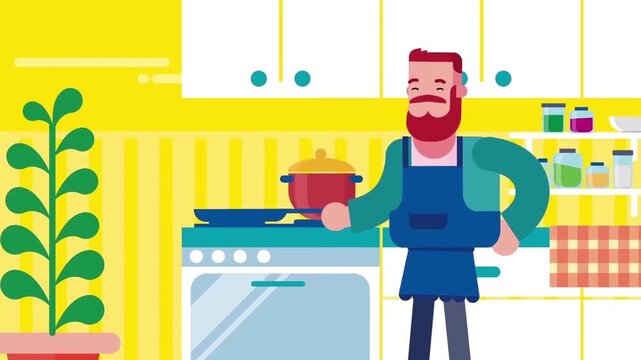 Happy Male Chef Cooking Meal in Cozy Kitchen Flat Design Animation