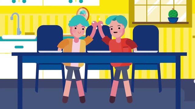 Two Happy Boys Eating Breakfast or Lunch at the Dining Table Animation