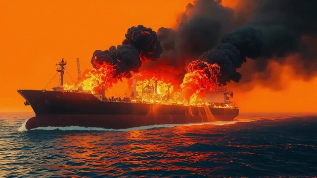 Cargo ship burning intensely in middle of ocean with thick black smoke rising against bright orange sunset sky motion video