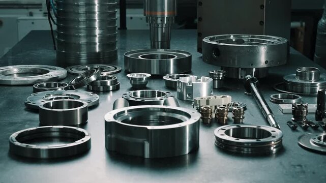 Precision machined metal components arranged on a workshop bench, featuring rings, flanges, bearings, shafts, spacers, fasteners, and tooling for industrial assembly and inspection
