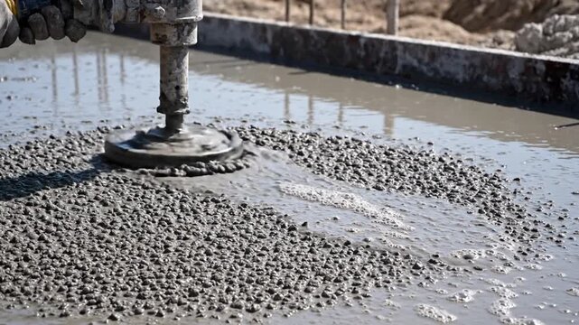 Concrete vibrator tool smoothing freshly poured construction material on a building site