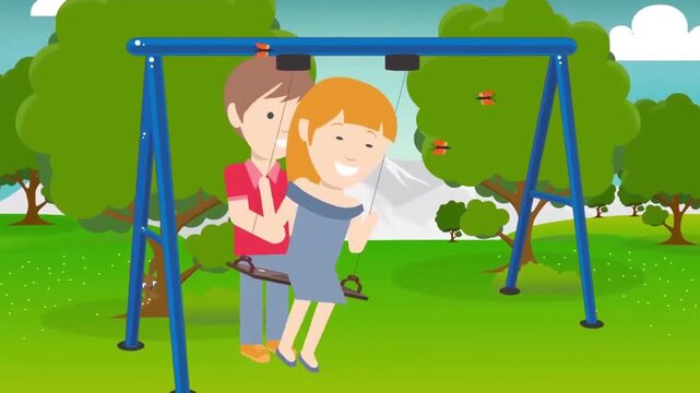 Romantic Couple Having Fun and Swinging on a Swing in a Green Park Animation