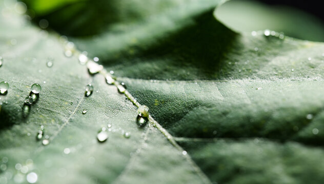 Dew Drops on Green Leaf With Soft Shadows