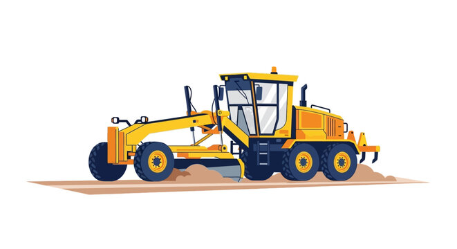 Yellow Motor Grader Illustration, Heavy Construction Machine for Roadwork and Earthmoving