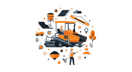 Fototapeta premium Flat Vector Illustration of Road Construction Process with Asphalt Paver Machine and Workers