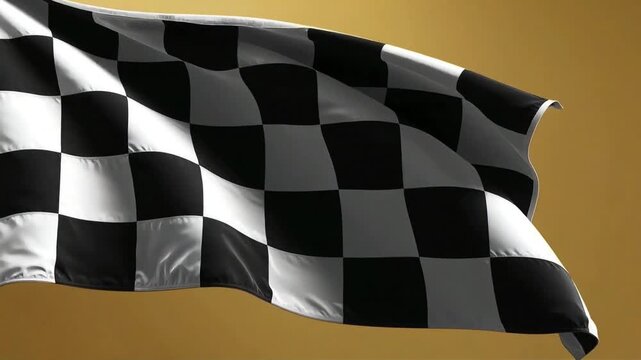 Checkered flag waving gracefully in the wind against a solid gold background creating a professional dynamic motion video clip