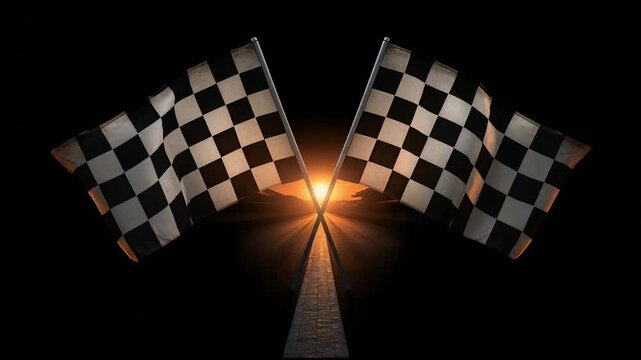 Checkered flags crossing over a race track at sunset in this high quality 4k digital motion video background animation