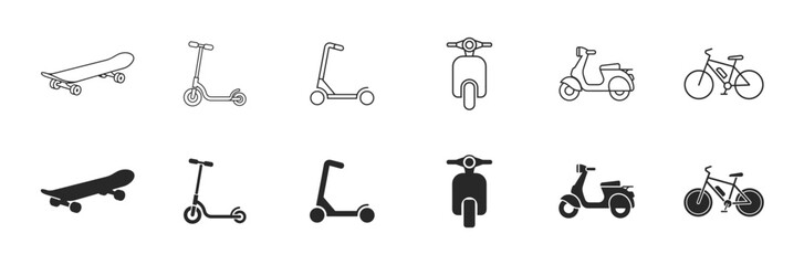 Scooter skateboard and bicycle icon set with editable stroke outline micromobility vehicles collection © Ira