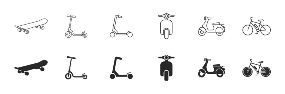 Scooter skateboard and bicycle icon set with editable stroke outline micromobility vehicles collection