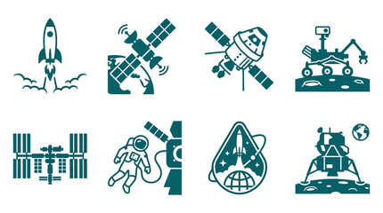 Collection of space-themed icons showcasing rockets, satellites, and lunar landers in a minimalist style © Siwit