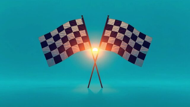 Checkered flags waving motion video featuring two crossed racing banners illuminated by bright glowing light on blue background loop