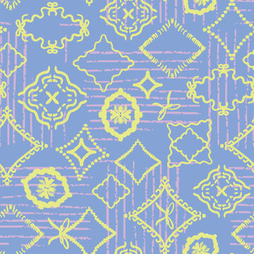 Whimsical, hand drawn yellow frames on pink striped and blue background. Vector, geometric shapes aop, all over surface print.