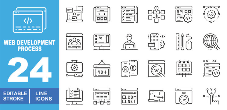 Web Development Process Line Icon Set. Code, programming, interface, design, sitemap, api, wireframe, browser, user, mobile, testing, domain, responsive, layout, optimization.